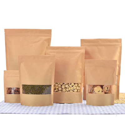 Moisture Proof Resealable Snack Coffee Package Bag Stand Up Pockets Zipper Top Brown Kraft Paper Storage Bags With Clear Window